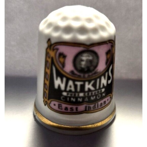 Vintage Ceramic THIMBLE Collectible Gift Watkins Pure Ground Cinnamon Label - Picture 2 of 3
